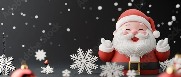 Fototapeta A cartoonish image of Santa Claus sitting on a snowy ground with a snowflake on