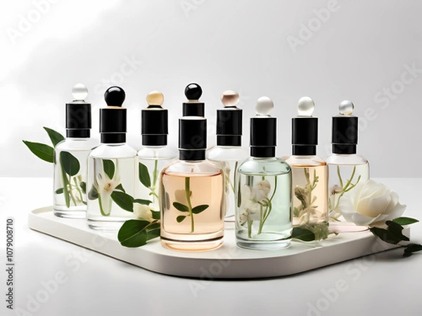 Fototapeta A elegant, minimalist perfume sampler set consisting of 8 small, delicate glass vials with rounded bodies and narrow necks, each containing a different fragrance, arranged neatly on a white