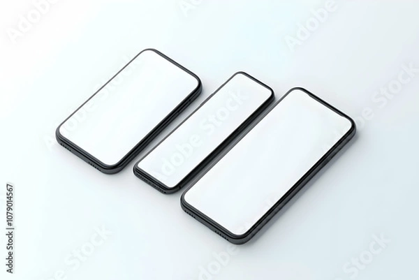 Fototapeta Three black smartphones with blank screens, lying on a white surface.