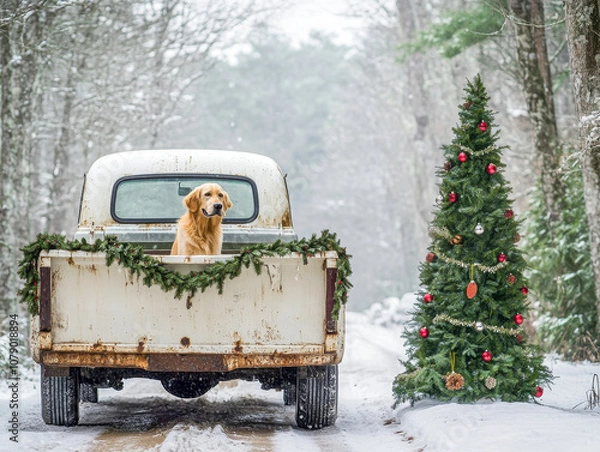 Fototapeta a golden retriever sits on the back of an old car in winter, next to a Christmas tree, New Year's Eve.