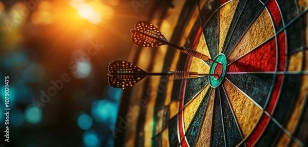 Fototapeta A close-up of a dartboard with darts placed in the target, illuminated by warm light, showcasing a classic outdoor gaming atmosphere.