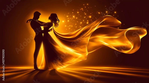Fototapeta Silhouette of a romantic couple dancing gracefully with flowing fabric, backlit by a warm, glowing light. Romantic. Illustration