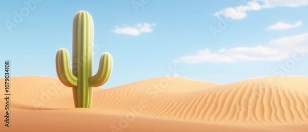 Fototapeta Desert 3D with cactus and dunes under bright sky