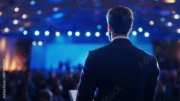 Fototapeta Business professional delivering a speech at a conference, illuminated by stage lights, with an engaged audience in the background at a corporate event
