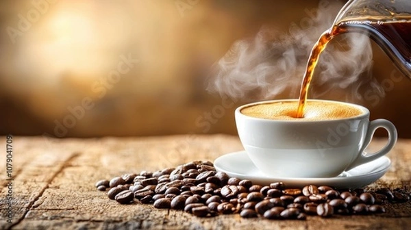 Fototapeta Freshly brewed aromatic coffee pouring into a white ceramic cup surrounded by roasted coffee beans on a rustic wooden table, creating a warm ambiance.