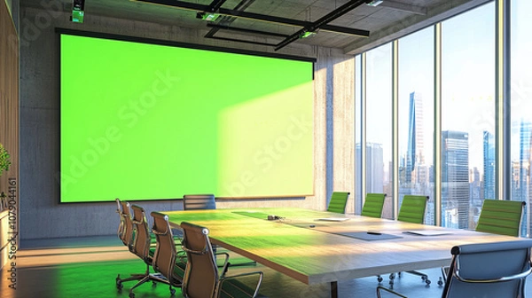 Fototapeta huge projector green screen office work station meeting room chroma key monitor filming location indoor modern scene mockup composition sunlight sun rays from windows