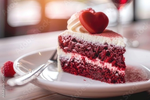 Fototapeta A slice of red velvet cake with a heart on top, with a fork