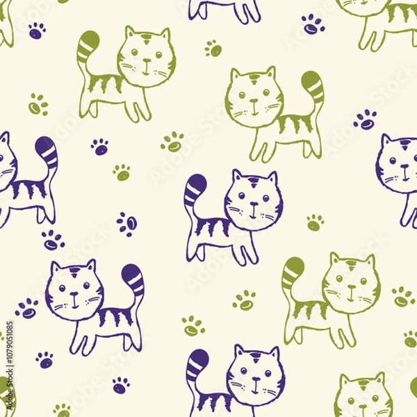 Obraz Seamless pattern with cute kitten print. Different scandy cats on color background. Scandinavian style illustration for kids. Vector illustration for fabric, textile, wallpaper, home clothing, pajama