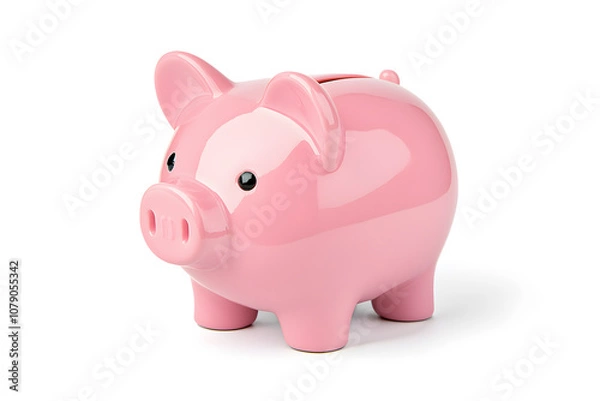 Obraz Cute pink piggy bank icon, 3D render,  isolated on white background