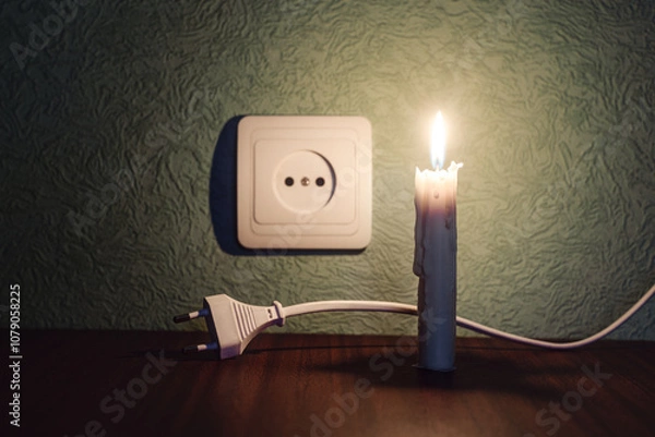 Obraz Power outage, candle with socket, power outage - no electricity, lit candle next to socket and plug of electrical socket. Blackout.