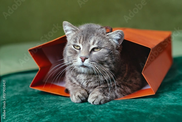 Obraz Funny cat sitting in a red paper bag. Gray cat peeking out of a paper bag. Funny cat hiding in a supermarket bag. Happy life of cats at home.