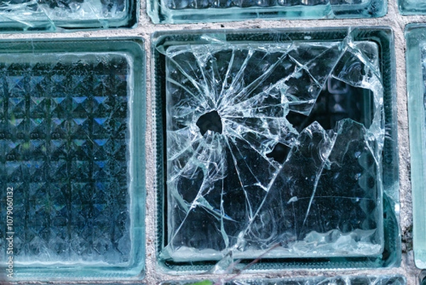 Obraz Broken glass with cracks and hole. Broken glass after gun shot. Cracked texture of broken glass with hole.
