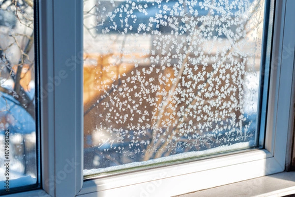 Fototapeta Ice pattern on winter glass. Frost on the window. Frozen window with snowflakes. Beautiful frost pattern on the window. Delicate frost pattern on the window glass