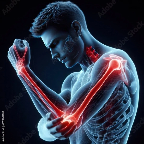 Fototapeta Man experiencing severe elbow pain highlighted in red.