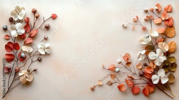 Fototapeta A serene arrangement of delicate, layered flowers in soft hues, gracefully framing a neutral background, ideal for decorative purposes.