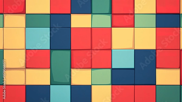 Obraz Bright checkerboard pixel pattern wallpaper in red, blue, green, and yellow, with large square blocks for a vibrant, retro-inspired design.