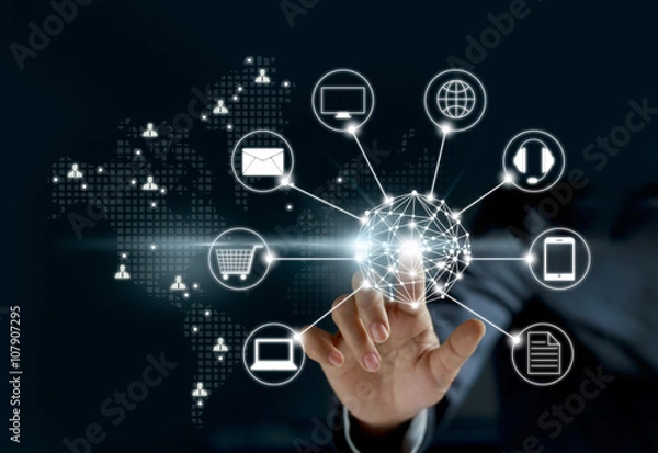 Obraz Ręce dotykające globalnego połączenia sieciowego, Omni Channel
