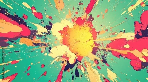 Fototapeta Colorful, anime-inspired cartoon explosion on a green backdrop, with bold outlines and dynamic style, ideal for comic-themed backgrounds.
