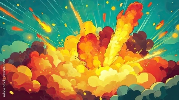 Fototapeta Colorful, anime-inspired cartoon explosion on a green backdrop, with bold outlines and dynamic style, ideal for comic-themed backgrounds.