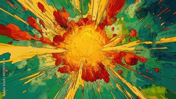 Fototapeta Colorful, anime-inspired cartoon explosion on a green backdrop, with bold outlines and dynamic style, ideal for comic-themed backgrounds.
