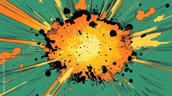 Fototapeta Comic-style explosion in vibrant anime tones against a green background, capturing the energetic and exaggerated style of anime comics.