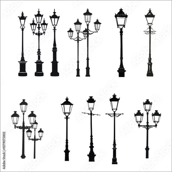 Fototapeta Lamppost Silhouette Bundle Set on a White Background, Lamp Post Silhouette Bundle