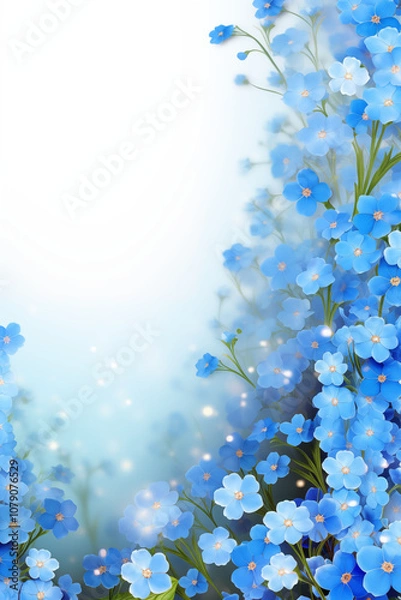 Fototapeta A collection of forget not me blossoms against a floral-themed background for greeting card border, professional lighting, ultra highly realistic, smooth light, PNG