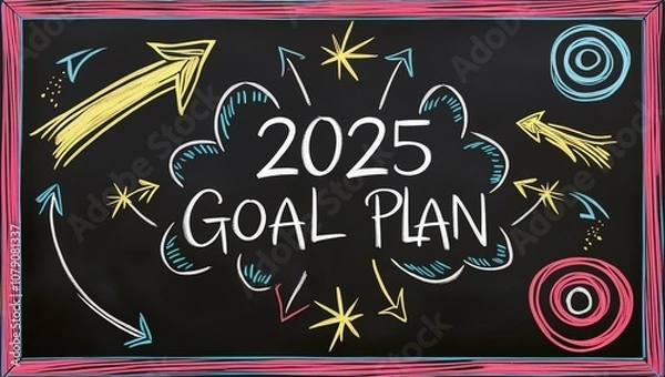 Fototapeta Creative chalkboard illustration featuring the phrase '2025 Goal Plan' with colorful arrows and stars, symbolizing motivation and future planning.