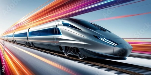 Fototapeta Futuristic high-speed train in motion, showcasing dynamic speed with colorful motion blur, set against a clear blue sky.