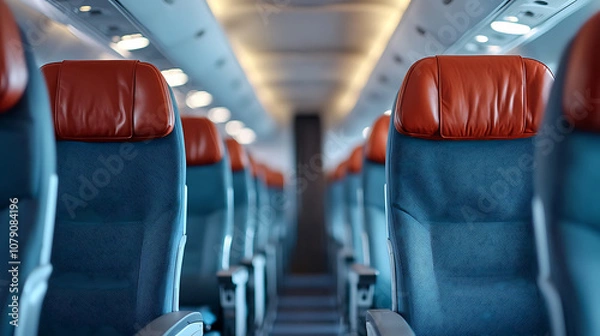 Fototapeta Explore the serene ambiance of an empty airplane aisle illuminated by overhead lights