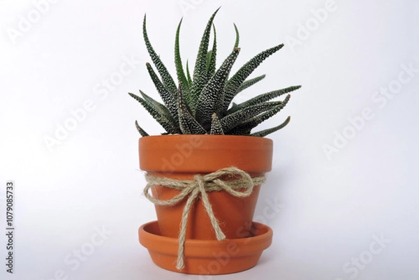 Fototapeta Haworthia Univers growing in a terracotta clay flower pot, a bow made of string, a flowerpot tray, white background