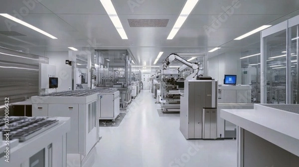 Fototapeta A clean, high-tech laboratory equipped with advanced robotics and machinery, representing modern technology, automation, and precision in a controlled environment.
