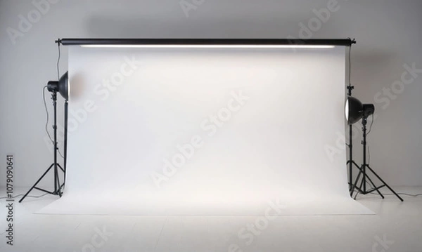 Obraz A simple white backdrop with lights, ready for product photography in a studio setting