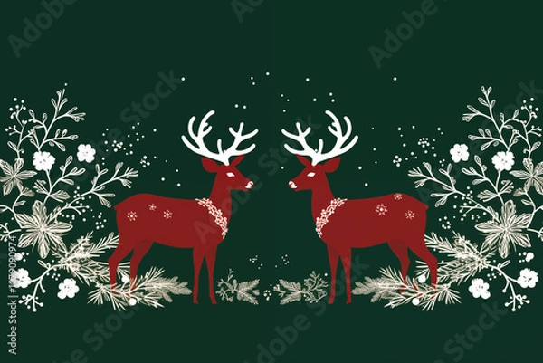 Fototapeta A couple of dark green Christmas deer designed minimalist line art with white snowflakes, holly red berries designed for greeting cards, holiday covers, and banners, capturing a cozy and rustic Christ