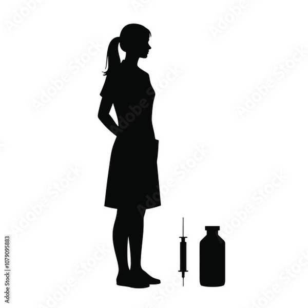Fototapeta A silhouette of a nurse standing and holding a medicine bottle and an injection syringe