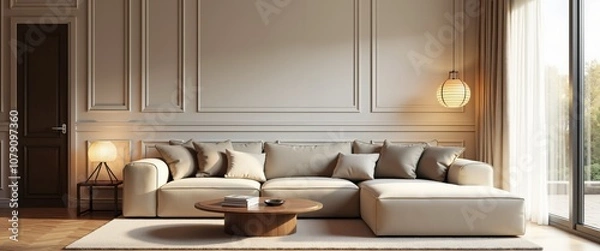 Fototapeta Modern beige sofa with multiple cushions in a classic living room interior featuring wood paneling.Living space renovation. Modern home lifestyle. Furniture retail and home decor. Design for interior
