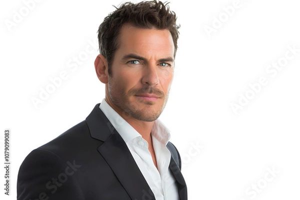 Fototapeta Confident three-quarter profile of Caucasian businessman in dark suit on white background