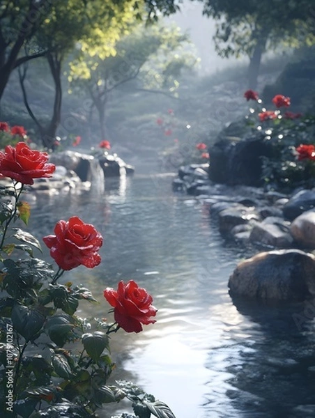 Fototapeta A serene stream flows through a lush forest, dotted with vibrant red roses, creating a peaceful and magical atmosphere.