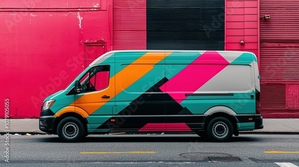 Fototapeta Mockup of vibrant vehicle wrap design on a delivery van, highlighting branding on a city street