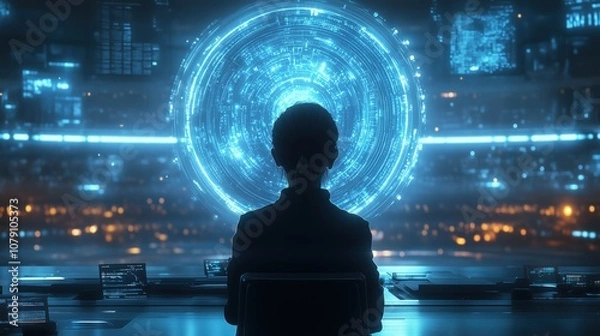 Fototapeta Futuristic ai interface: person engaging with digital holographic display in tech environment