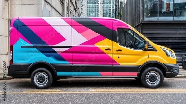Fototapeta Mockup of vibrant vehicle wrap design on a delivery van, highlighting branding on a city street