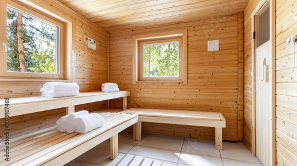 Fototapeta An Inviting Gay Sauna Retreat With Warm Wooden Interiors and Plush Towels, Perfect for Relaxation and Socializing Amidst a Welcoming Atmosphere