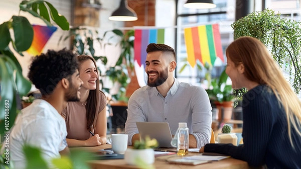 Fototapeta Celebrating Diversity and Inclusion on LGBT Pride Day in a Vibrant Office Space With Joyful Colleagues