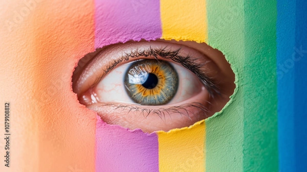 Fototapeta A Curious Eye Peers Through a Vibrant Hole in a Rainbow Wall, Inviting Exploration of Vivid Colors and Hidden Worlds Beyond
