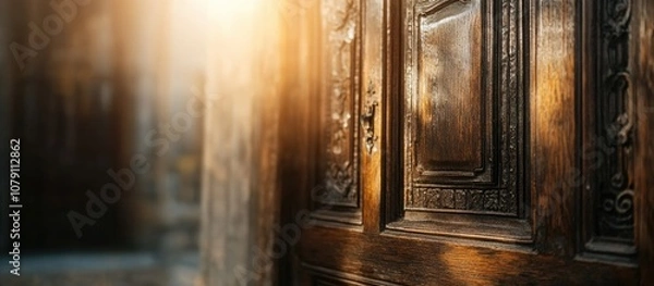 Fototapeta Close view of an antique wooden door with intricate carvings inviting a sense of mystery and history