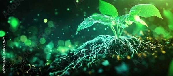 Fototapeta Close up of a green plant transplant showcasing soil and roots ideal for home gardening and floral concepts