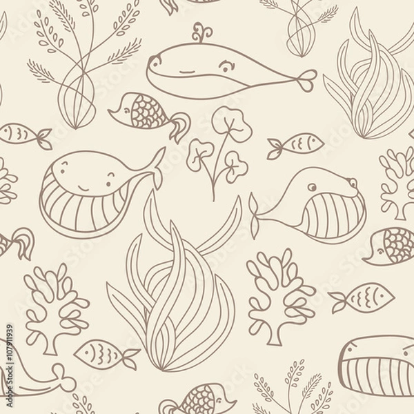 Obraz Beige and brown oceanic sea seamless pattern with cute whale. Great background for sea party invitation or tile textile.