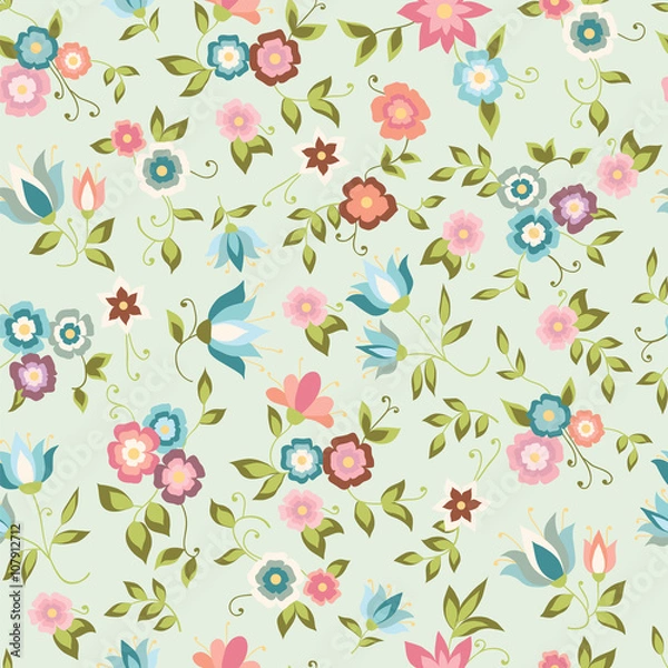 Fototapeta Seamless background with pink and blue flowers. Floral pattern.