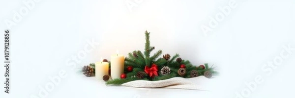 Fototapeta A cozy Christmas background with candles, a blanket, fir tree cones, and space for text on a wooden backdrop, focusing on the middle plan, cones, background