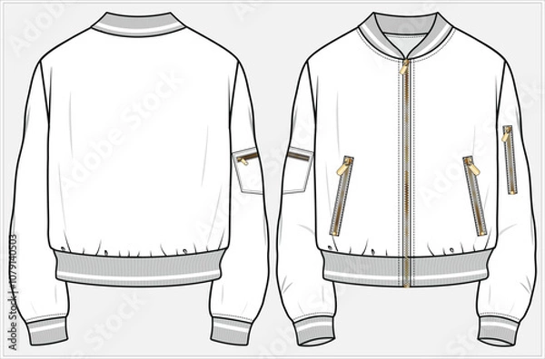 Fototapeta Adobe Illustrator ArtBOMBER JACKET WITH CENTER FRONT ZIPPER DATAIL AND ZIPPER ON SLEEVES DETAIL DESIGNED FOR WOMEN AND TEEN GIRLS IN  VECTOR ILLUSTRATION FILEwork